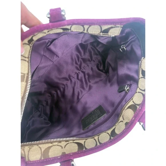 Coach Signature Canvas Tote Suede Trim Purple Interior Shoulder Bag - Picture 3 of 10